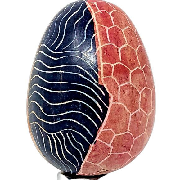 Handcrafted Kenya Pink Black Soapstone Egg Hand Carved & Painted - Picture 2 of 9